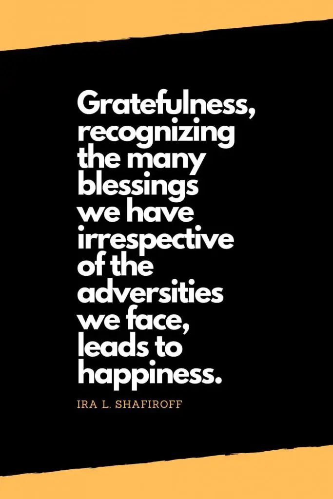 Quotes about Happiness (8): Gratefulness, recognizing the many blessings we have irrespective of the adversities we face, leads to happiness. - Ira L. Shafiroff