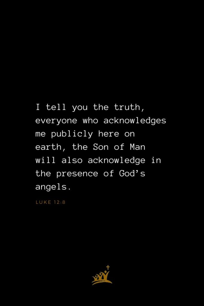Bible Verses about Angels (6): I tell you the truth, everyone who acknowledges me publicly here on earth, the Son of Man will also acknowledge in the presence of God’s angels. Luke 12:8
