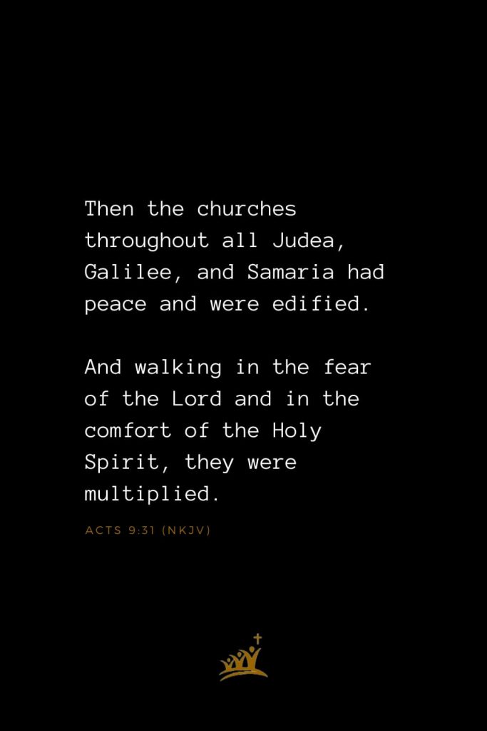 Bible Verses about Church (4): Then the churches throughout all Judea, Galilee, and Samaria had peace and were edified. And walking in the fear of the Lord and in the comfort of the Holy Spirit, they were multiplied. Acts 9:31 (NKJV)