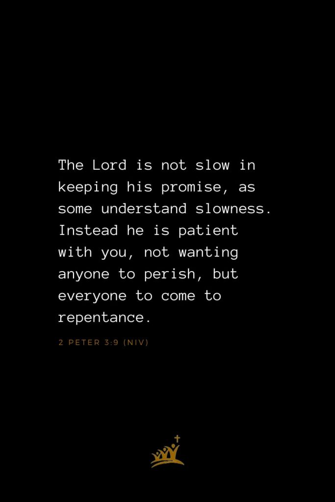 Bible Verses about God (23): The Lord is not slow in keeping his promise, as some understand slowness. Instead he is patient with you, not wanting anyone to perish, but everyone to come to repentance. 2 Peter 3:9 (NIV)