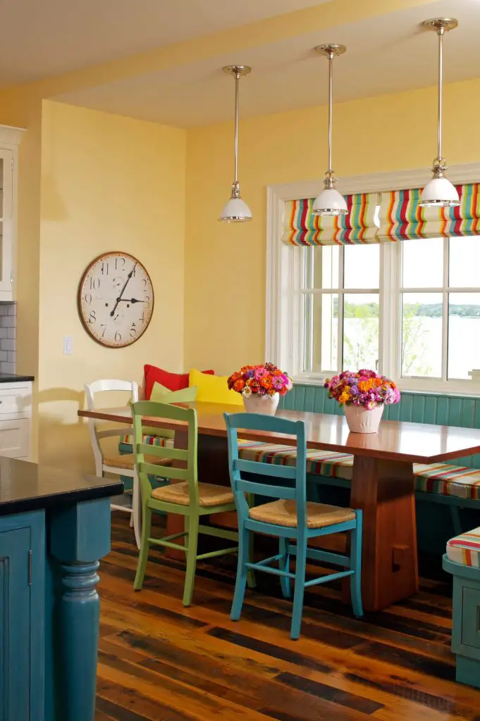 A 4 by 12 foot breakfast banquette was constructed by Zahn Builders Inc. for this Lake Macatawa, Michigan, kitchen