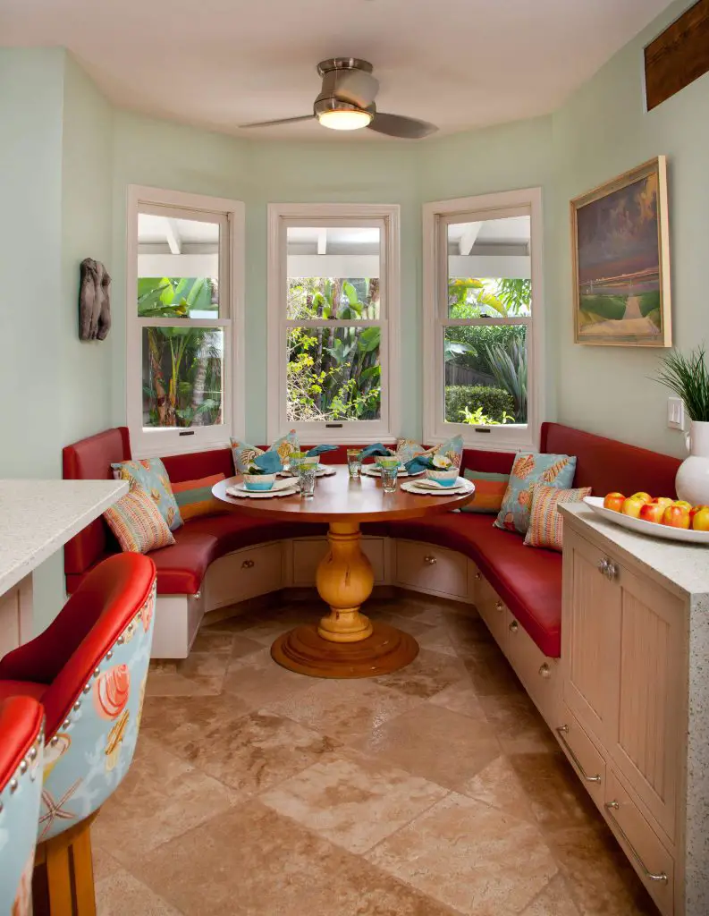 A tropical color palette and patterns are featured in this San Diego breakfast area