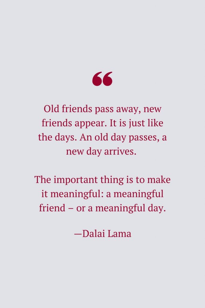 Old friends pass away, new friends appear. It is just like the days. An old day passes, a new day arrives. The important thing is to make it meaningful: a meaningful friend – or a meaningful day. —Dalai Lama