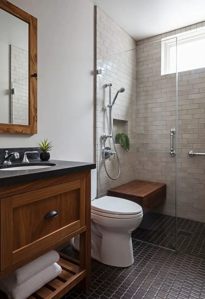 Example of a trendy black floor bathroom design in Orange County with flat panel cabinets, medium tone wood cabinets, an undermount sink and beige countertops