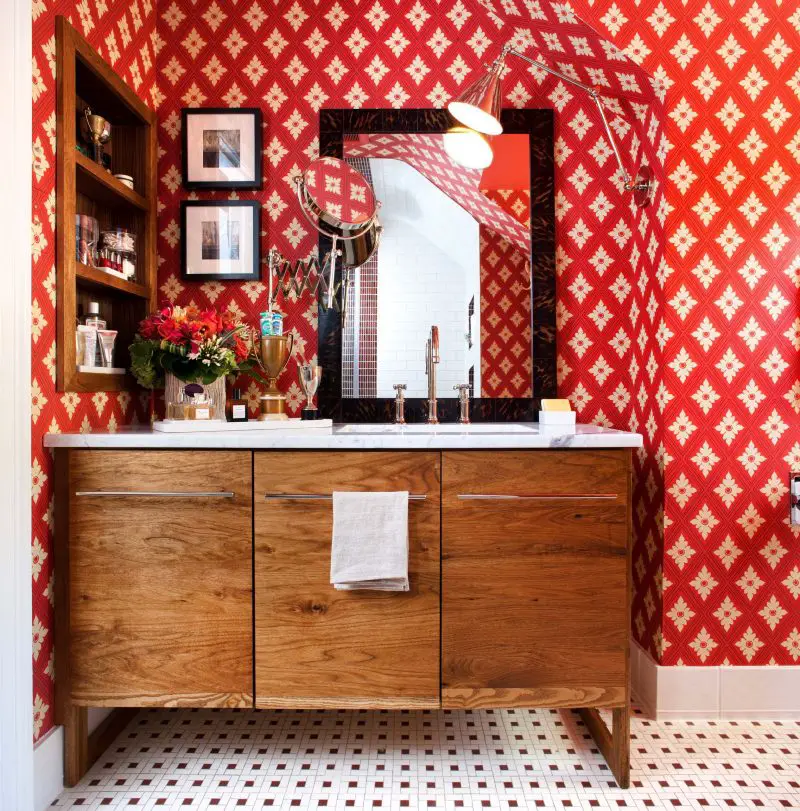 Example of an eclectic mosaic tile floor bathroom design in DC Metro with an undermount sink, flat panel cabinets, medium tone wood cabinets and red walls.