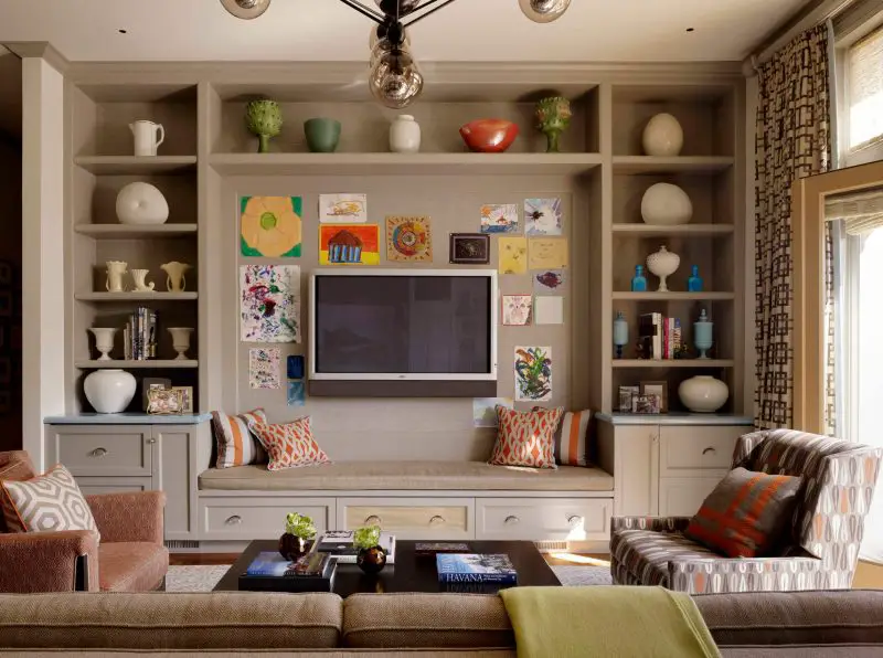 Transitional family room photo in San Francisco with beige walls and a wall mounted tv